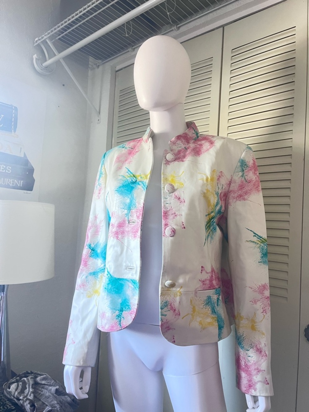 Vintage 80s LAVEE White Leather Jacket Hand Painted Tie Dye Splatter Size M